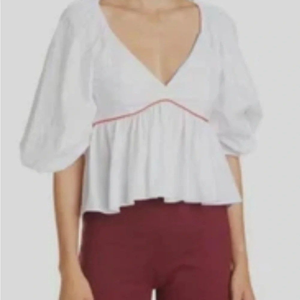 STAUD Dani Blouse Womens 0 White Cotton Poplin Puff Sleeve Peplum Top $245